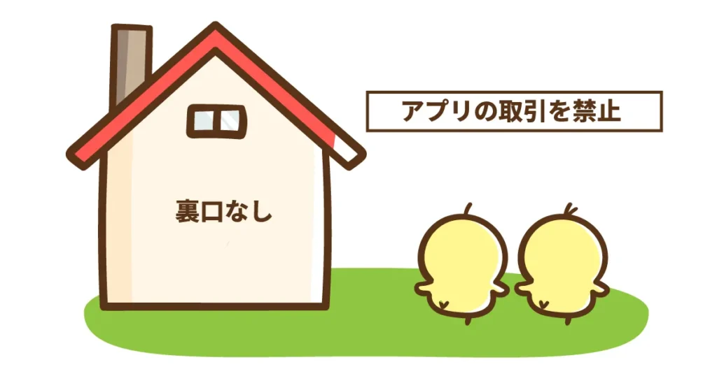 「アカウント名とパスワード」を表す2羽のヒヨコは見えているが、裏口の扉自体が無くなっているため家(=アカウント)に侵入できない様子を描いたイラスト(アプリの取引停止による、アカウント保護の強固さを表現)