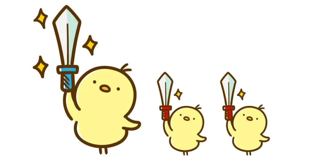 ひよこの勇者がお供の小さいひよこを2匹つれているイラスト