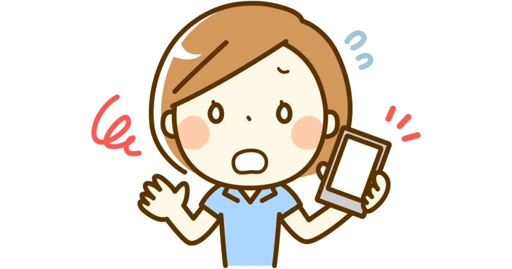 スマホを持って困った顔の女性のイラスト