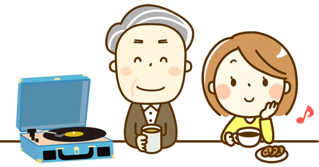 お茶を飲みながらレコードを楽しむ親子のイラスト