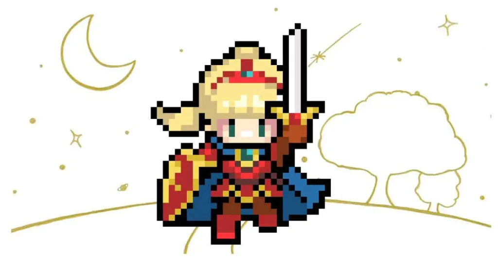 ドット絵の女勇者が道を歩いているイラスト。ゲーム風をイメージしている。