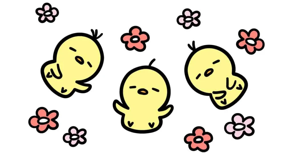 花畑で3匹のヒヨコが寝ているイラスト