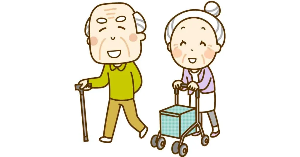 杖を突く高齢男性とシルバーカーで歩く高齢女性のイラスト