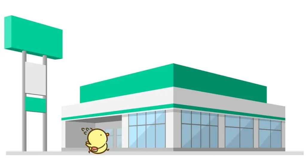 ニトリ風の建物に入って行くヒヨコのイラスト