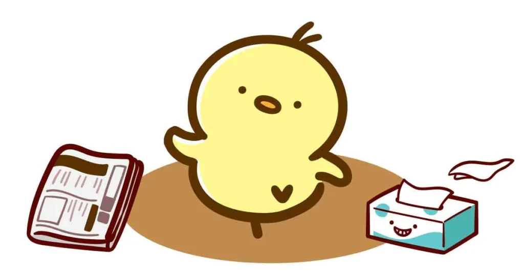ひよこが歩く周囲の床に新聞とティッシュ箱が置かれているイラスト