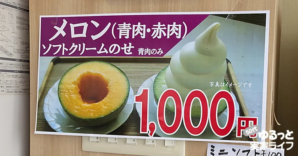 「メロン(青肉・赤肉)ソフトクリームのせ(青肉のみ) 1000円」と書かれたポスターの写真