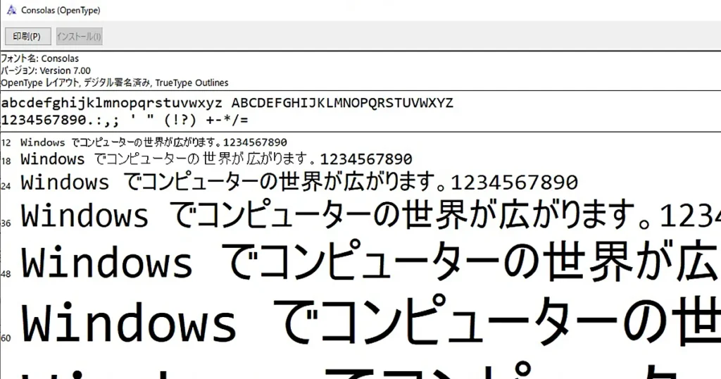 Consolas(コンソラス)のフォントファイルを開いた画像